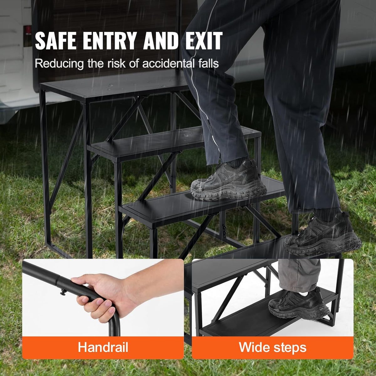 VEVOR Campertrappen, 4-traps RV-trap, 400 lbs draagvermogen, verdikt koolstofstaal, met leuning, antislip treden voor veilige in- en uitgang, pak voor camper, aanhangwagen, campertrap