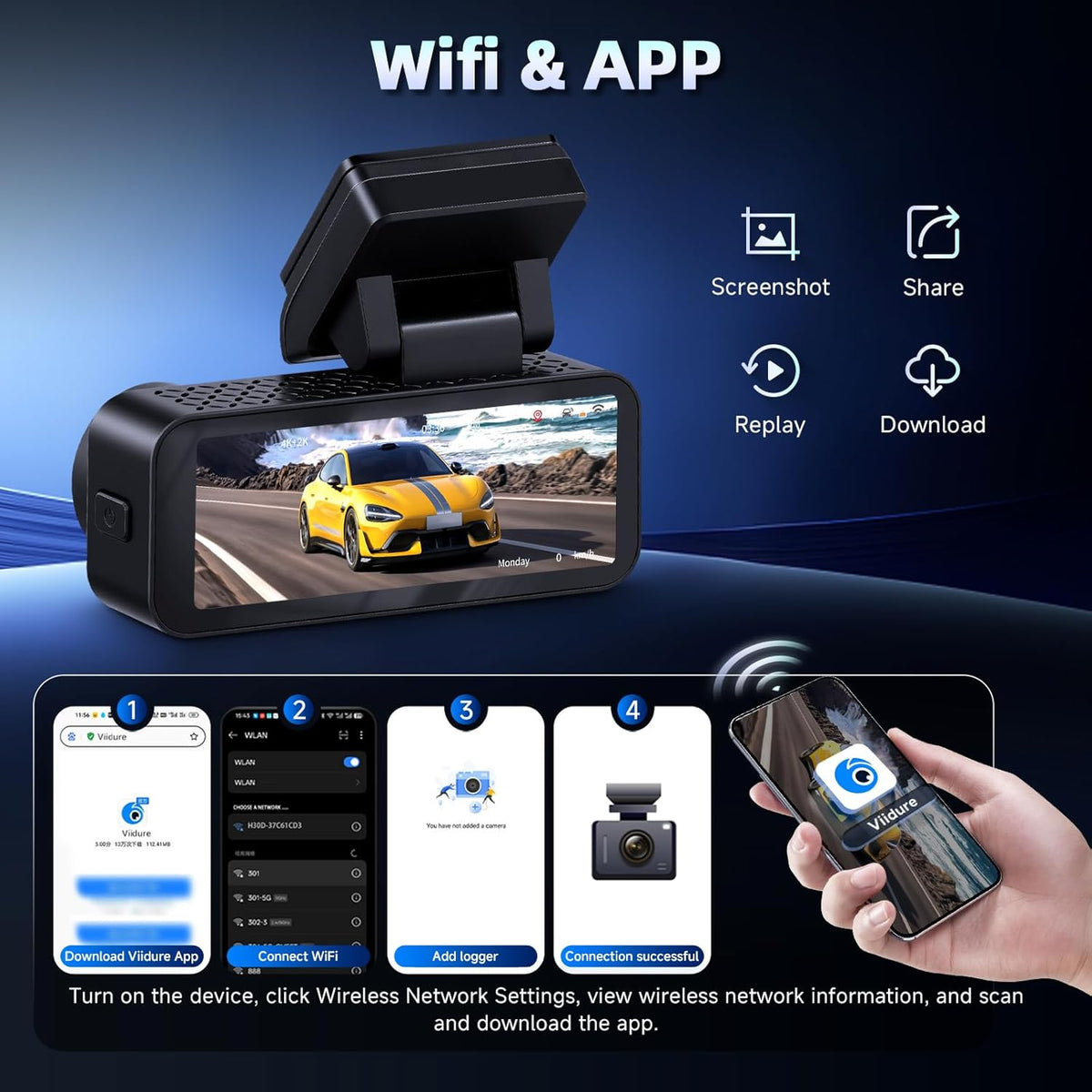 Hodozzy 4K Dashcam met voor- en 2K achteruitrijcamera, 3,16-inch IPS-scherm, dashcam voor auto's, wifi- en app-bediening, ADAS, BSD en LCA, nachtzicht, G-sensor, loop-opname, parkeermodus-monitor