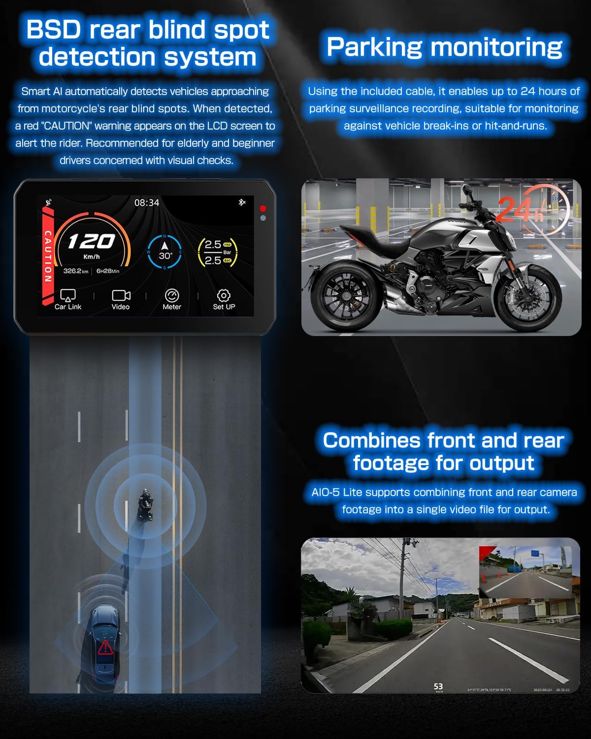 CHIGEE AIO-5 Lite Auto GPS navigatiesysteem motorfiets Carplay BSD Starvis HDR 5 inch LCD 60 fps 5G Wi-Fi BT IP67 waterdicht 24H parkeermodus app