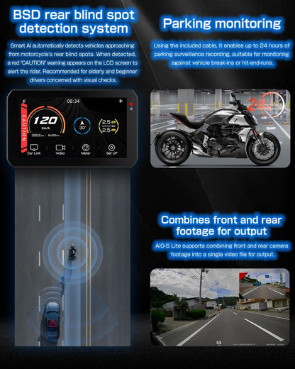 CHIGEE AIO-5 Lite Auto GPS navigatiesysteem motorfiets Carplay BSD Starvis HDR 5 inch LCD 60 fps 5G Wi-Fi BT IP67 waterdicht 24H parkeermodus app