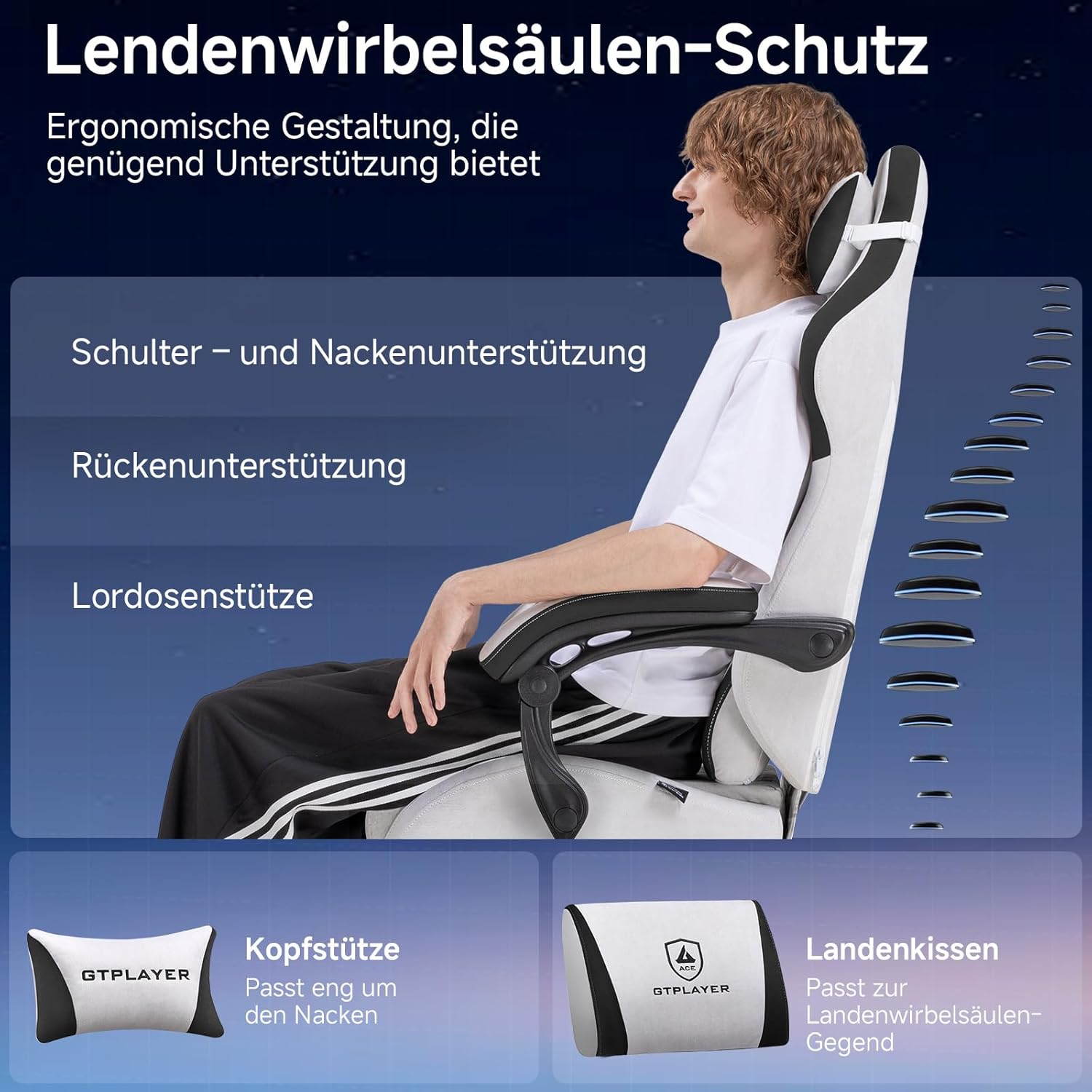 GTPLAYER Ergonomic Gaming Chair, Technical Fabric, with Lumbar Support, Computer Chair with Extended Backrest, Supports up to 150 kg, Grey - QUORE