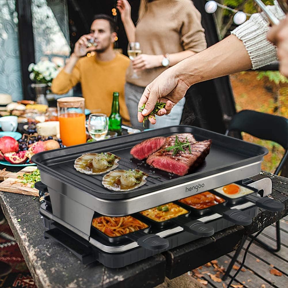 Raclette Raclette Grill 4 6 8 Personen Elektrische Fondue-machine, 1500 W, met anti-aanbaklaag, handgrepen, 8 mini-pannen, 4 houten spatel