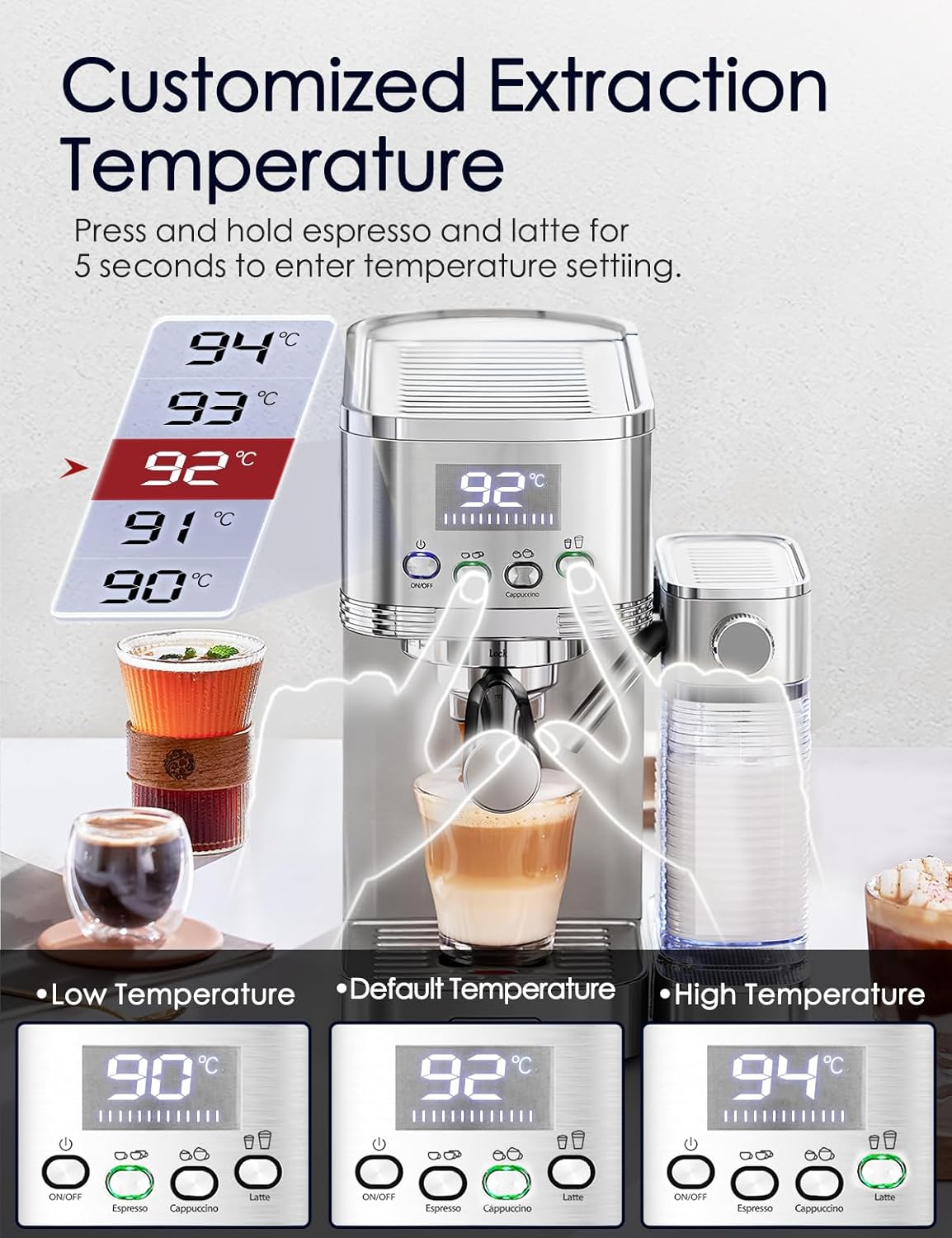 CAFELFFE 6-in-1 espressomachine, filterhouder met melkreservoir, automatische cappuccinomachine met zelfreiniging en 3 temperatuuropties, 1,3 liter roestvrij staal