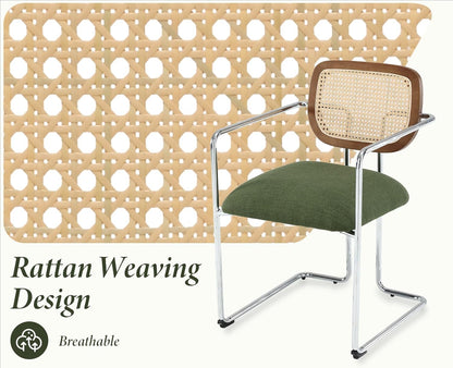 chairus Upholstered Dining Chairs Set of 2 Kitchen Accent Chairs with Rattan Backrest Modern Linen Armchair (Green) - QUORE