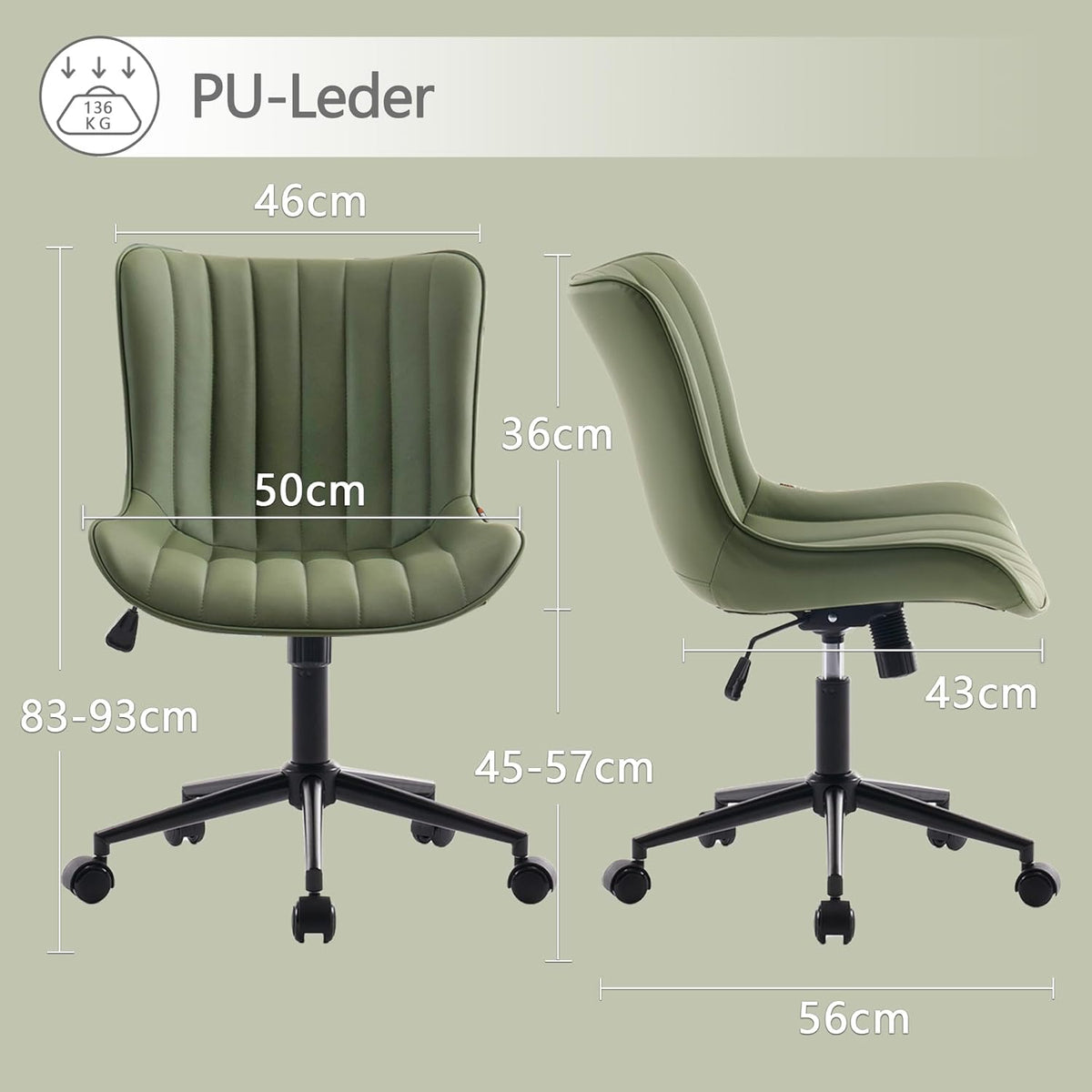 YOUTASTE Bureaustoel, ergonomisch, in hoogte verstelbaar, stoel met PU-leer en wielen, draaistoel, kantelfunctie, computerstoel, 136 kg belastbaar, olijfgroen