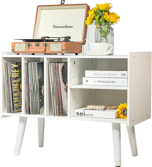 Platenspelerstandaard met vinylopslag voor maximaal 300 lbs, grote platenspelertafelkast voor albumopslag met houder vinyl displayplank, houten draaitafelstandaard voor slaapkamer woonkamer (wit)