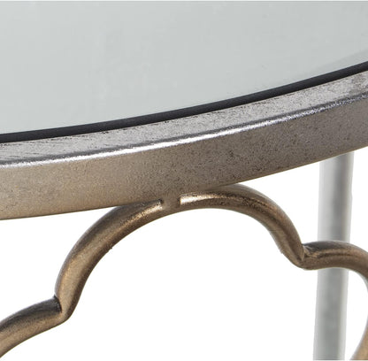 DRW Halfronde entreetafel van metaal en spiegel, zilverkleurig, 60 x 30,5 x 75 cm