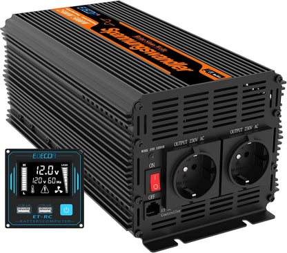 EDECOA 3000W Auto Omvormer 12V naar 230V 6000W Piek Camper Spanningsomvormer 12V 220V Gewijzigde Sinus Nieuwe Afstandsbediening met LCD Scherm en 2 USB