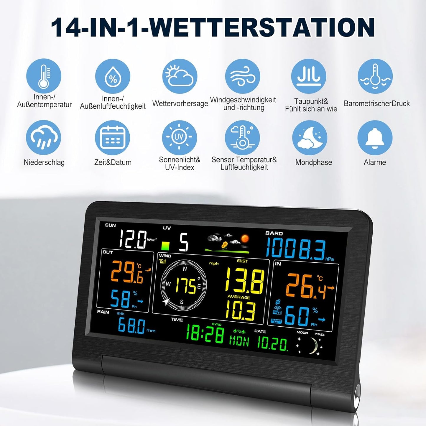 Urageuxy 14-in-1 weerstation wifi, weerstation met regenmeter, windmeter, binnen- en buitenthermometer, hygrometer, luchtdruk, uv-index, weersvoorspelling, maanfasen, voor huis en tuin