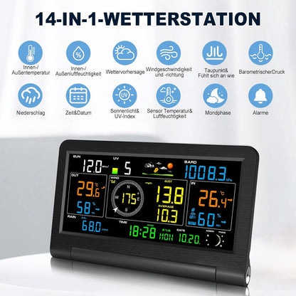 Urageuxy 14-in-1 weerstation wifi, weerstation met regenmeter, windmeter, binnen- en buitenthermometer, hygrometer, luchtdruk, uv-index, weersvoorspelling, maanfasen, voor huis en tuin