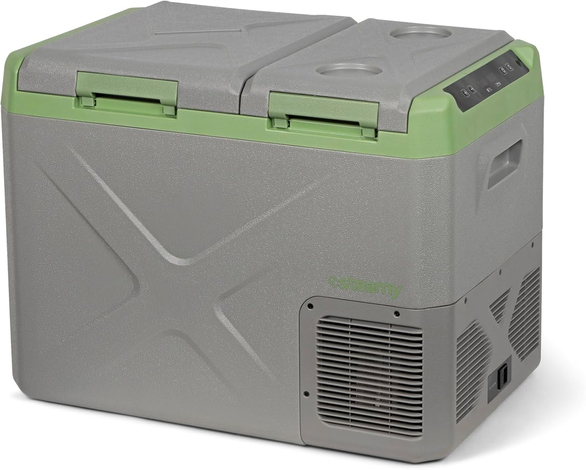 Steamy-E Single Zone 45, Elektrische Compressor Koelbox met twee compartmenten, 32 Liter, Grijs, 12V/230V, voor vriezen en koelen van -20 tot +20, ideaal voor op de camping