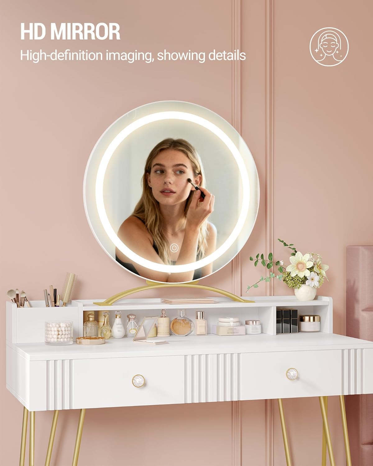 Hzuaneri Dressing Table with Stool and Lighting,Dressing Table with Mirror,40×90×140CM,Dressing Table with Drawers,Pink Upholstered Stool,Bedroom,Modern,Matte White and Gold,DT42403XEU