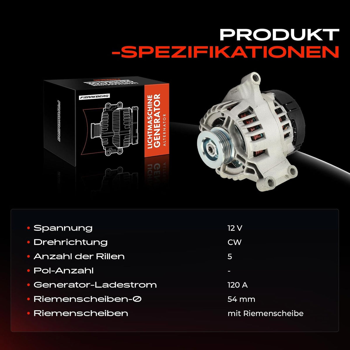 Frankberg Lichtmachine generator 120A compatibel met 500 312 1.2L 1.4L benzine 2007-2019 Punto 199 1.2L 1.4L benzine Mito 955 1.4L benzine vervanging # 51787777 196 kg