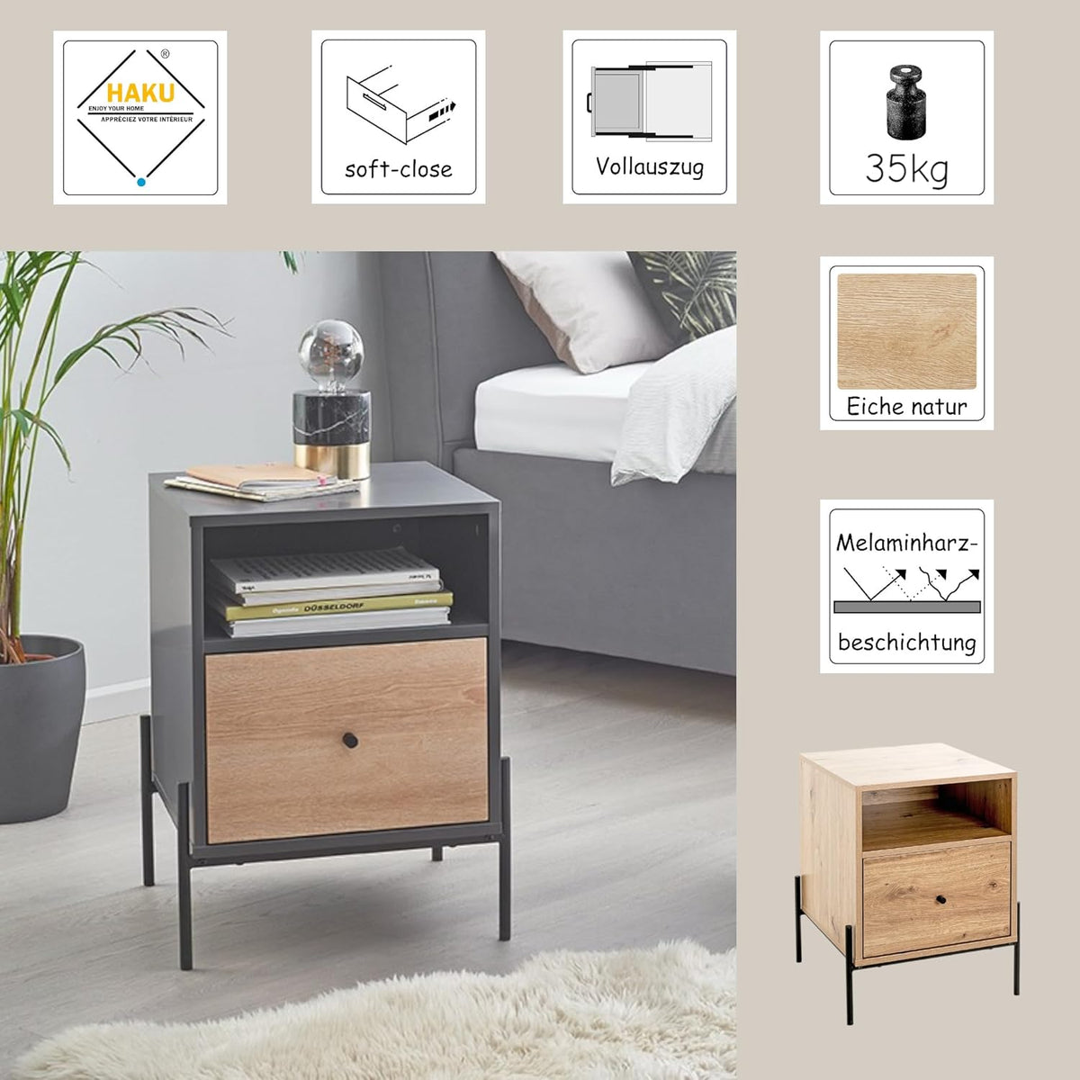 HAKU Consoletafel, antraciet, eiken, zwart, MDF, metaal, afmetingen: B 45 x H 60 x D 47 cm, stijl: modern