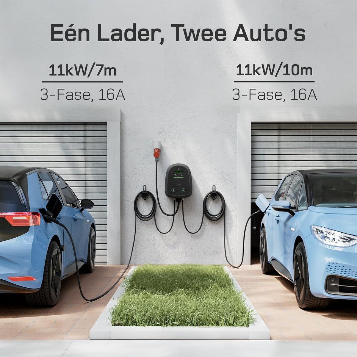 dé Dual-Cable Wallbox 2×11kW [7m+10m, 6-16A, 3-Fase] EV Oplader 11kW met Twee Type 2 Laadkabel met APP, RFID en OCPP-protocollen, Wallbox 11kW Gelijktijdig Opladen van Twee Auto’s, voor BEV/PHEV.