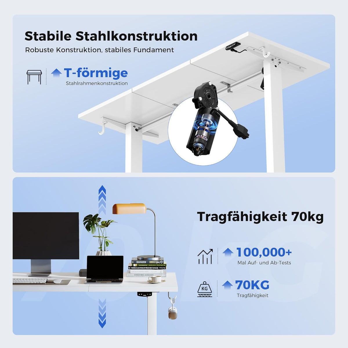 Agilestic In hoogte verstelbaar bureau 120 x 60 cm, stabiel bureau met elektrische hoogteverstelling en handmatige bediening met geheugen, ergonomisch bureau om staand of zittend te werken, wit