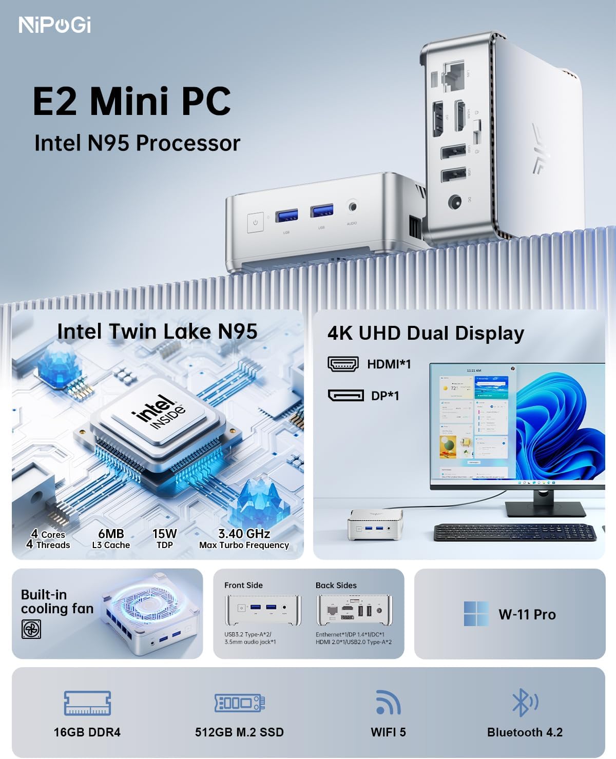 NiPoGi Essenx E2 Mini PC Ιntel Alder Lake-Ν95 (tot 3,40 GHz) 16GB DDR4, 512GB M.2 SSD, Mini Desktop Computer W-11 Pro, HDMI, DP, 4K Dual-Display, Dual WiFi, Micro PC met VESA voor Kantoor/Thuis/HTPC