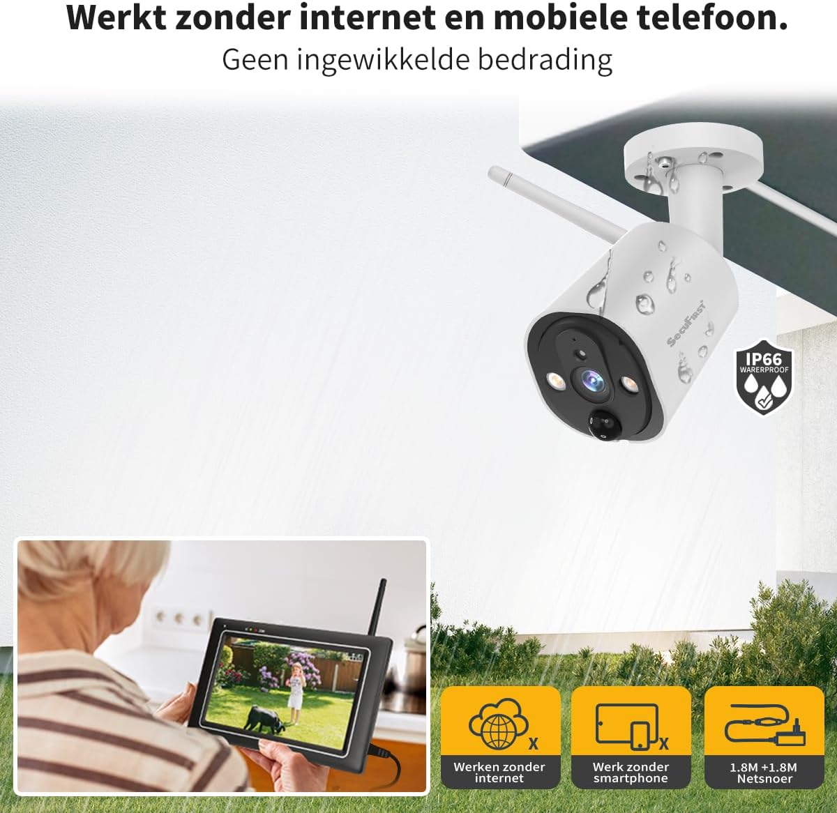 SecuFirst 2K Beveiligingscamera Buiten met Binnenmonitor Draadloos, 7" Touch Screen NVR + 4X Outdoor Camerabewaking Babyfoon Werken zonder Wi-Fi, AI Bewegingsdetector, 64 GB SD-kaart.Intercom.