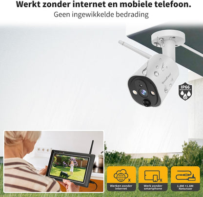 SecuFirst 2K Beveiligingscamera Buiten met Binnenmonitor Draadloos, 7" Touch Screen NVR + 4X Outdoor Camerabewaking Babyfoon Werken zonder Wi-Fi, AI Bewegingsdetector, 64 GB SD-kaart.Intercom.