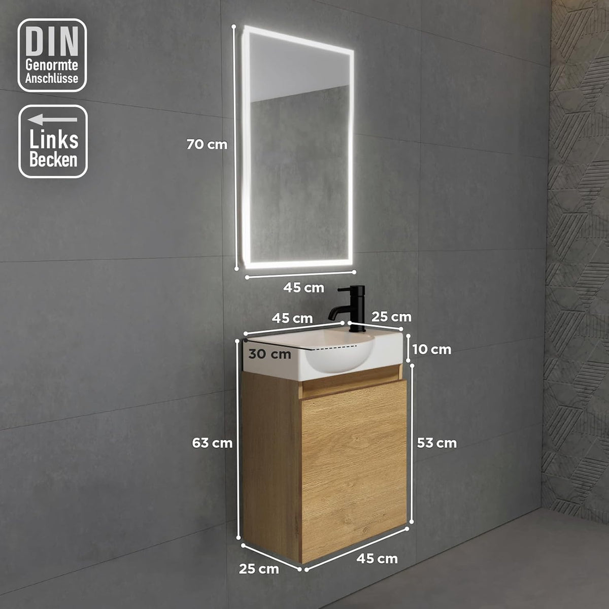 Alpenberger Bathroom Furniture Set, Guest Toilet Sink with Base Cabinet, Bathroom Cabinet for Small Bathrooms, LED Mirror with Light, Basin Cabinet Oak Nature + Left Sink - QUORE
