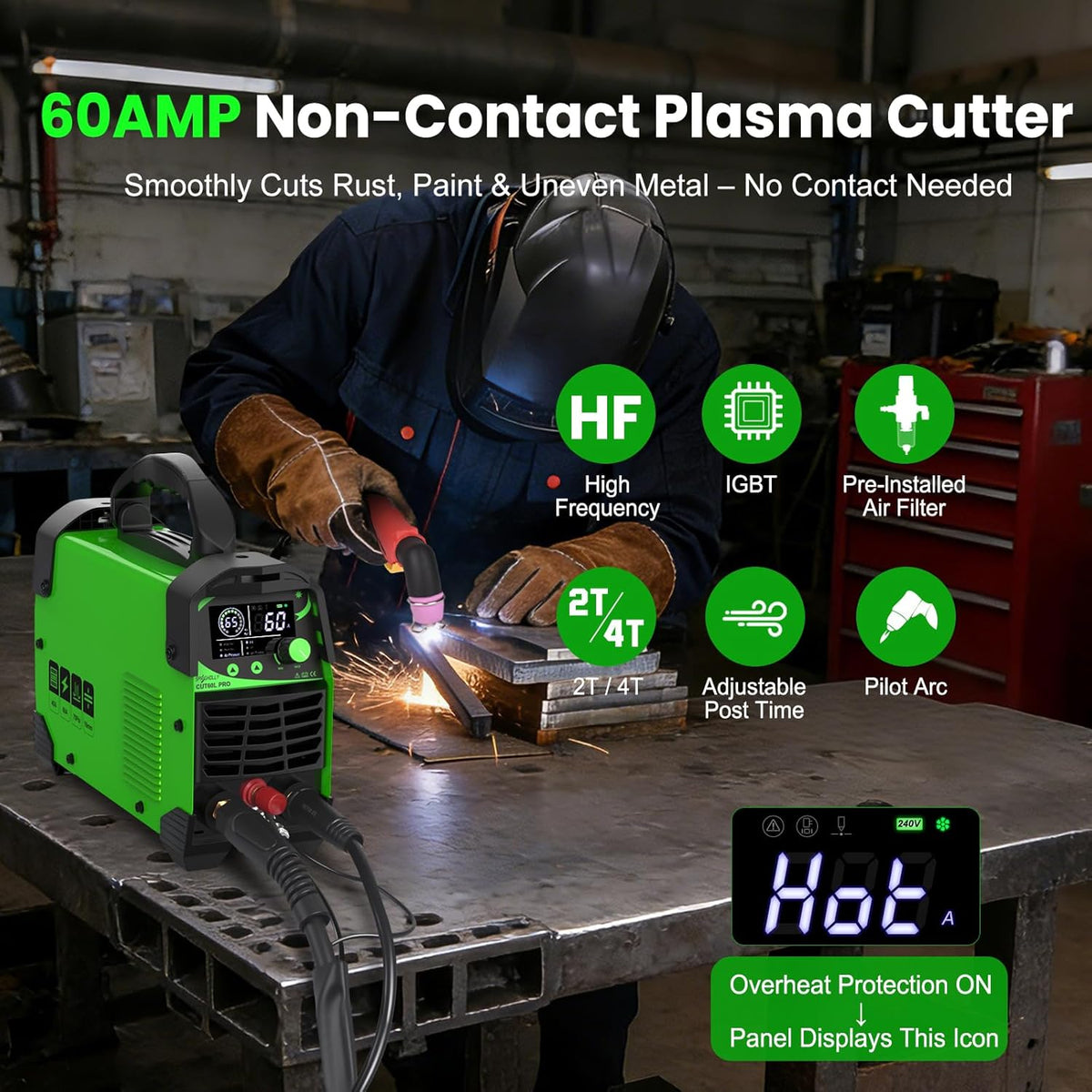 CUT60L PRO Upgrade 60A IGBT Plasmasnijder 240V contactloos 2T/4T - Max. 16mm stalen snijvermogen, digitaal LED-display, gemakkelijk draagbaar