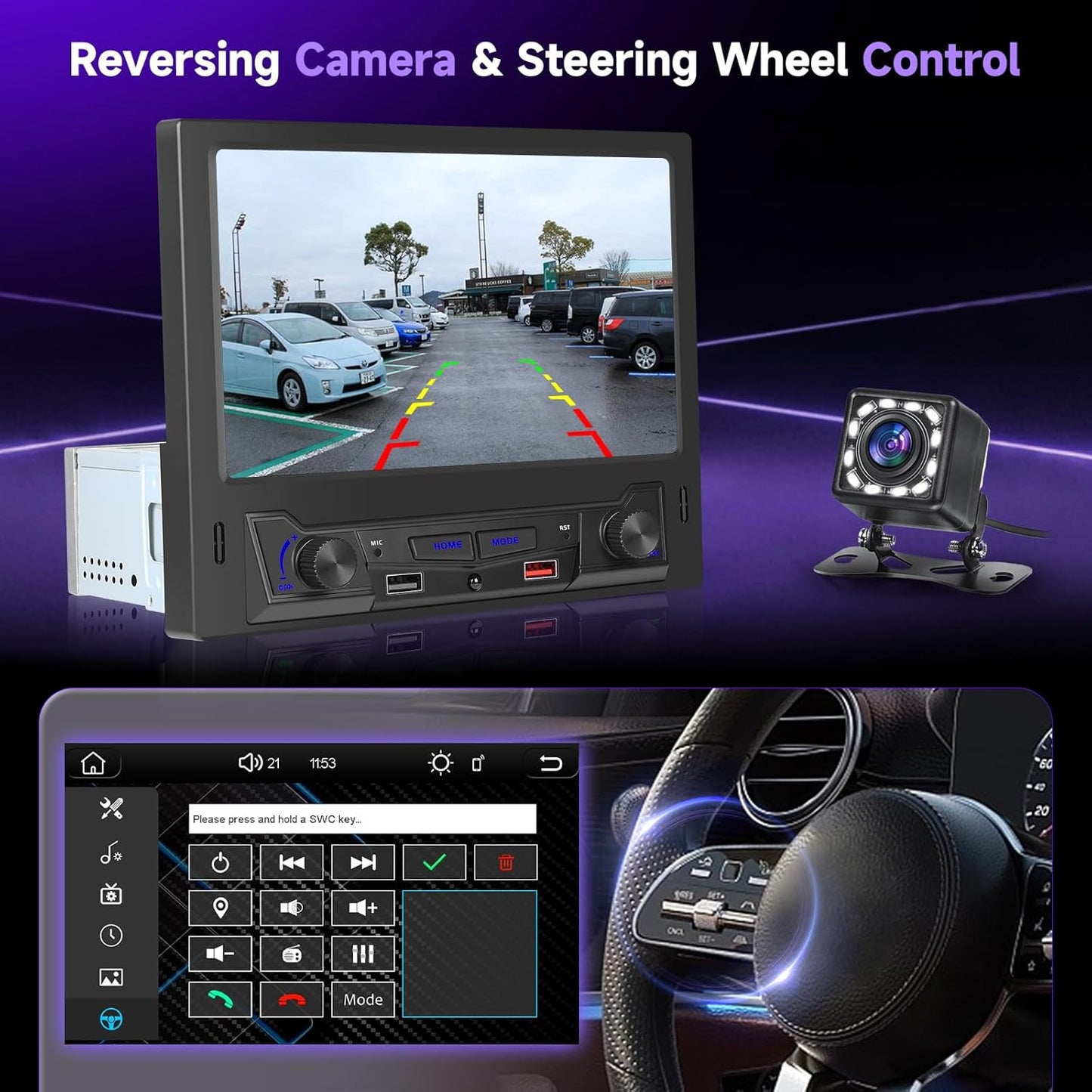 Hodozzy 1 Din Car Radio with Wireless Carplay Android Car, 1 DIN 8 Inch Touch Screen Car Radio with Bluetooth, FM/AM Radio, DSP, AUX, Steering Wheel Remote Control, Dual USB, Video Sync - QUORE
