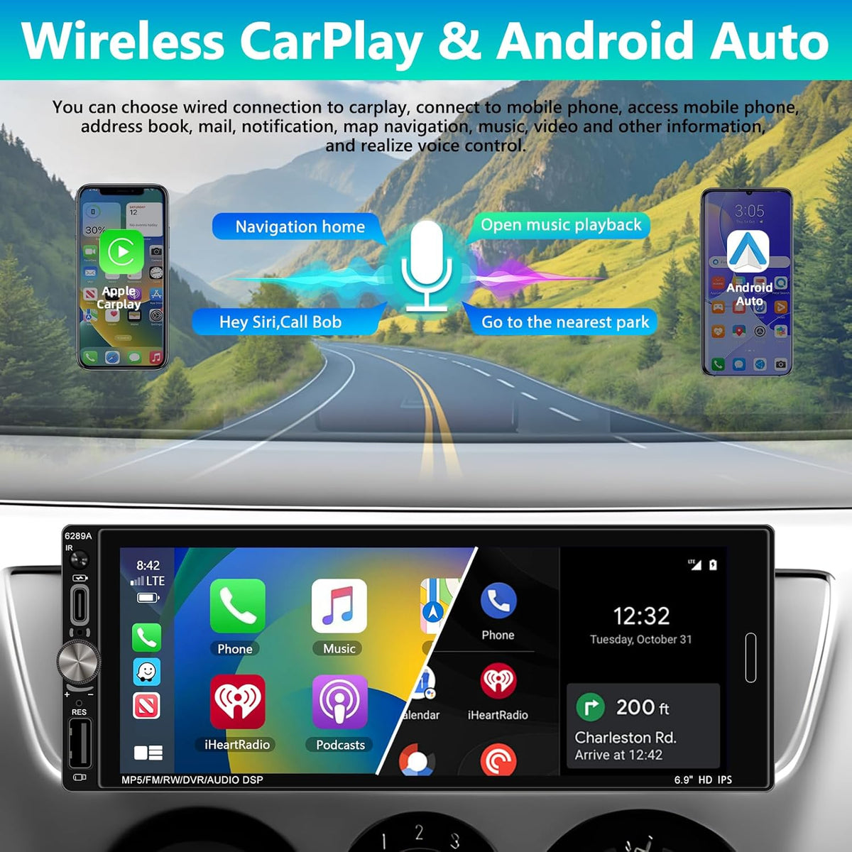 2+32G Carplay Auto Radio 1 din Android met Android Auto GPS-Navigatie, Bluetooth Single din Radio Auto met Scherm, Stereo Auto Support Mirrorlink/FM/WIFI/USB/SWC+Achteruitrijcamera