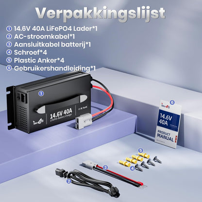 LiFePO4 Acculader – Batterijlader – Lithium Lader – 12V Accu Oplader – Slimme Snellader – 40A Laadstroom – Met Anderson-stekker en LED-display