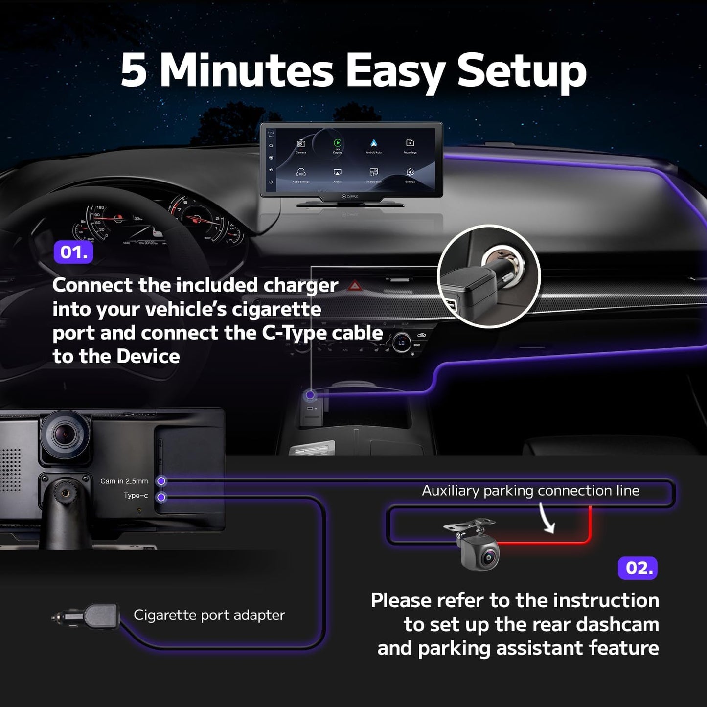 Wireless CarPlay display 10.26 inch IPS with screen mirroring Bluetooth Android Auto 4K front and 1080P rear view camera includes app for advanced features