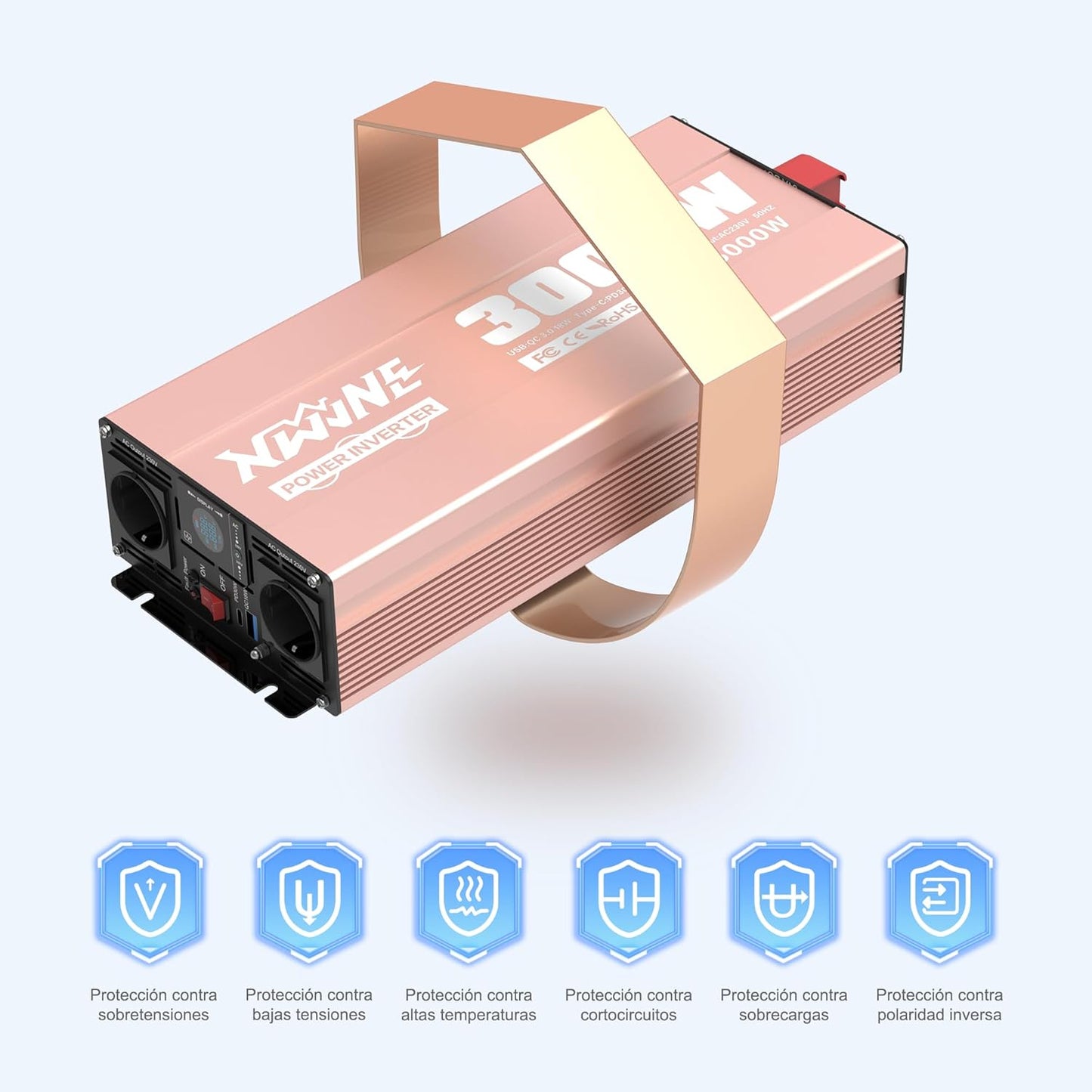 XWJNE Pure sinus-omvormer 3000 W/6000 W 12 V naar 230 V, 2 wisselstroomstopcontacten, 1 USB-uitgang, 1 USB-C-uitgang, afstandsbediening en led-display, geschikt voor auto, camper en vrachtwagen.