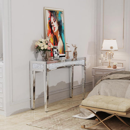 Consoletafel met spiegeloppervlak: 120 x 35 x 80 cm, moderne zilveren haltafel van glas met glanzende diamanten, luxe decoratie voor hal, kaptafel, woonkamer, slaapkamer