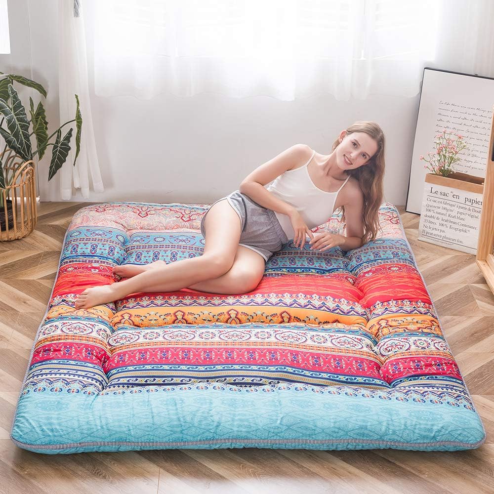 MAXYOYO Futon Retro Bohemian matras - Japanse bloemen vintage vloer - rollende logeerbed, draagbare camping, Tatami mat (Bohemian A, 135 x 190 cm)