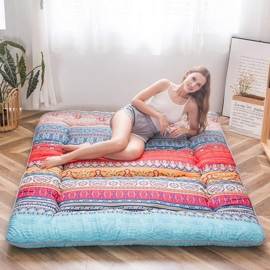MAXYOYO Futon Retro Bohemian matras - Japanse bloemen vintage vloer - rollende logeerbed, draagbare camping, Tatami mat (Bohemian A, 135 x 190 cm)