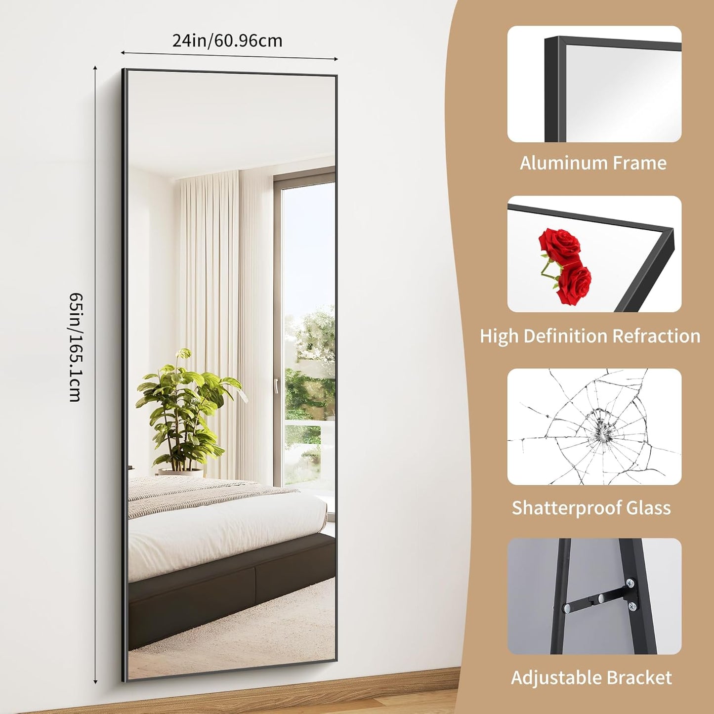 WOLIBEER Volledige spiegel, 165 x 60 cm, wand- en staande spiegel met aluminium frame, zwart, rechthoekige full-body spiegel voor hal, fitness, slaapkamer