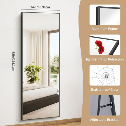 WOLIBEER Volledige spiegel, 165 x 60 cm, wand- en staande spiegel met aluminium frame, zwart, rechthoekige full-body spiegel voor hal, fitness, slaapkamer
