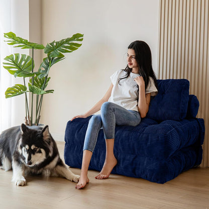 MAXYOYO Folding Sofa Bed, Convertible Sleeping Chair with Pillow, Mattress with Back Support, Portable Chair Bed, Comfortable Lounge, for Living Room, Bedroom, Navy Blue