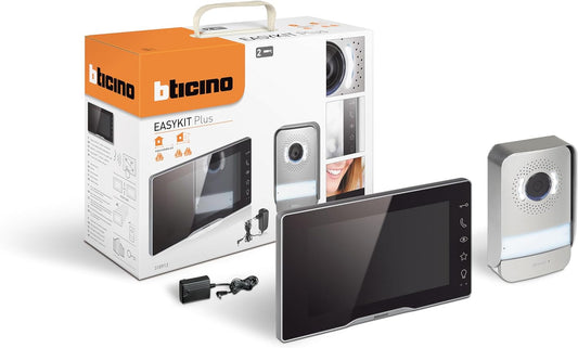 Bticino 318913 Easykit Plus video-intercom voor 1 gezinshuis, plug-in met 2 draden, 1 externe knop met bel en camera, 1 interne monitor 7 inch in kleur met handsfree, uitbreidbaar voor twee families
