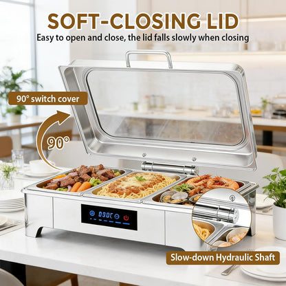 Maaltijd Chafing Dish, 9L roestvrij staal voedselwarmer met zichtbaar glazen deksel, 3 stuks roestvrij stalen warmhoudbakken voor feesten, bruiloften, buffet en feestjes (3 sets 1/3+1/3+1/3 GN