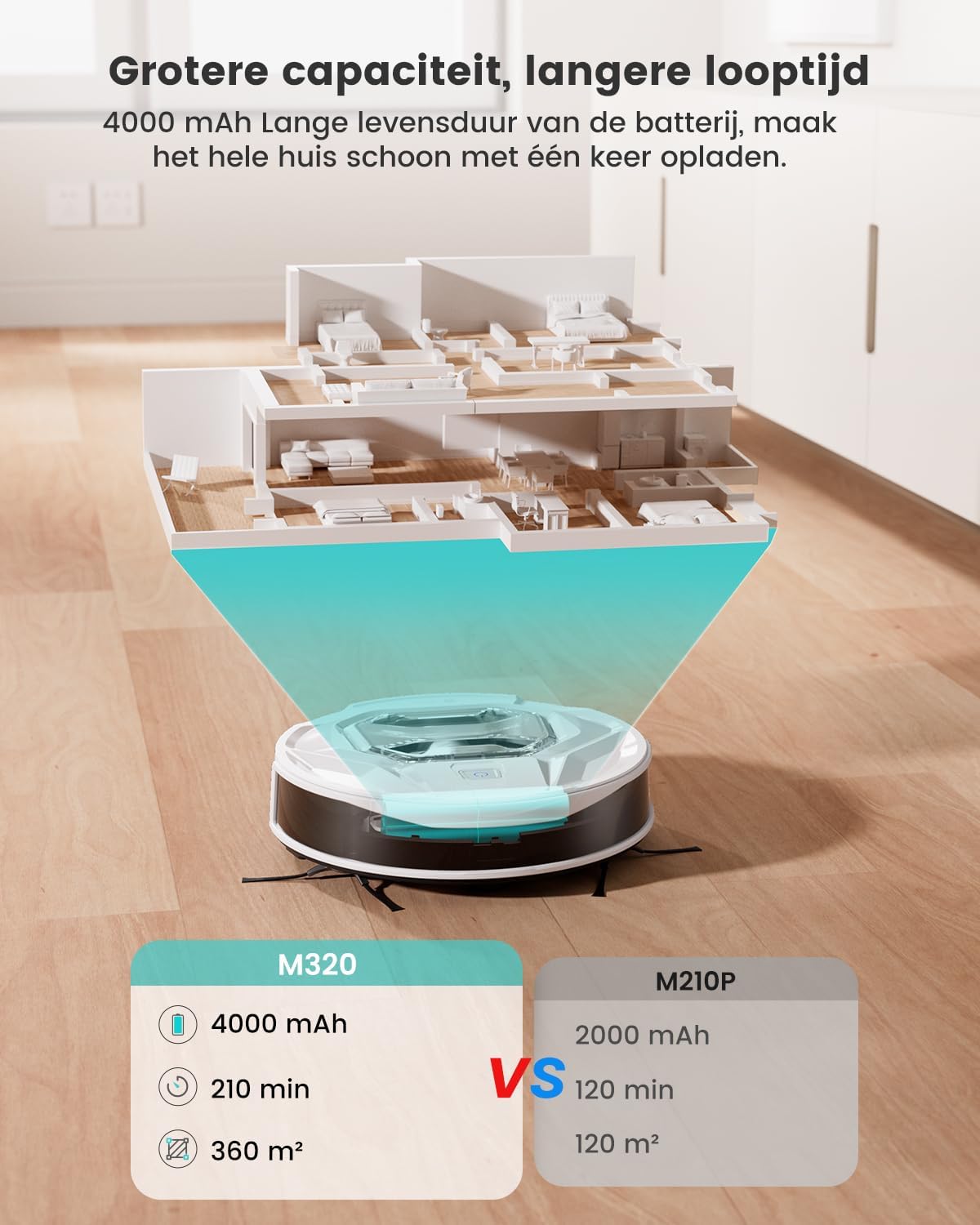 LEFANT M320 Robotstofzuiger, 3-in-1 Dweilfunctie, 6000Pa, Precisienavigatie, 800ML Zichtbare Stofcontainer, 210 Minuten Werktijd, Snoerloos met Apps, Ideaal voor Huisdierhaar, Tapijten en meer