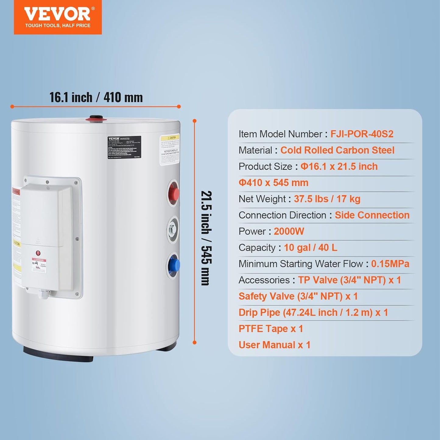 VEVOR Elektrische doorstroomboiler, 1,6 kW, doorstroomboiler met tank van 40 l, met led-display, bediening met knop, waterdichte zijaansluiting, IPX4 waterdichte zijaansluiting, on-demand verwarming