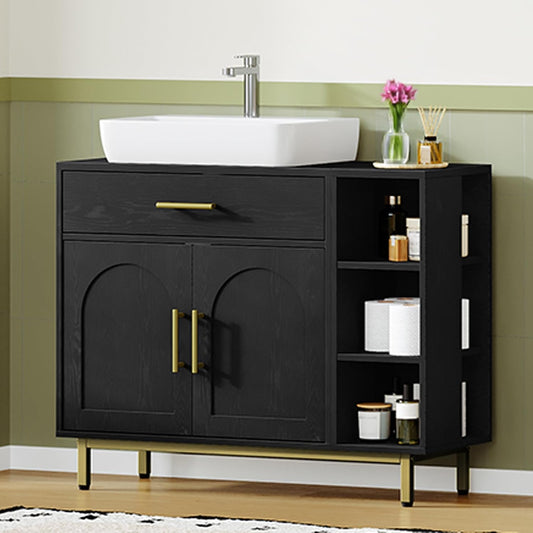 Hzuaneri Washbasin cabinet, bathroom cabinet, 1 drawer, 2 cabinet doors, open compartment with 3 levels, adjustable shelf, black with wood grain, 30 x 80 x 64 cm BC28804G