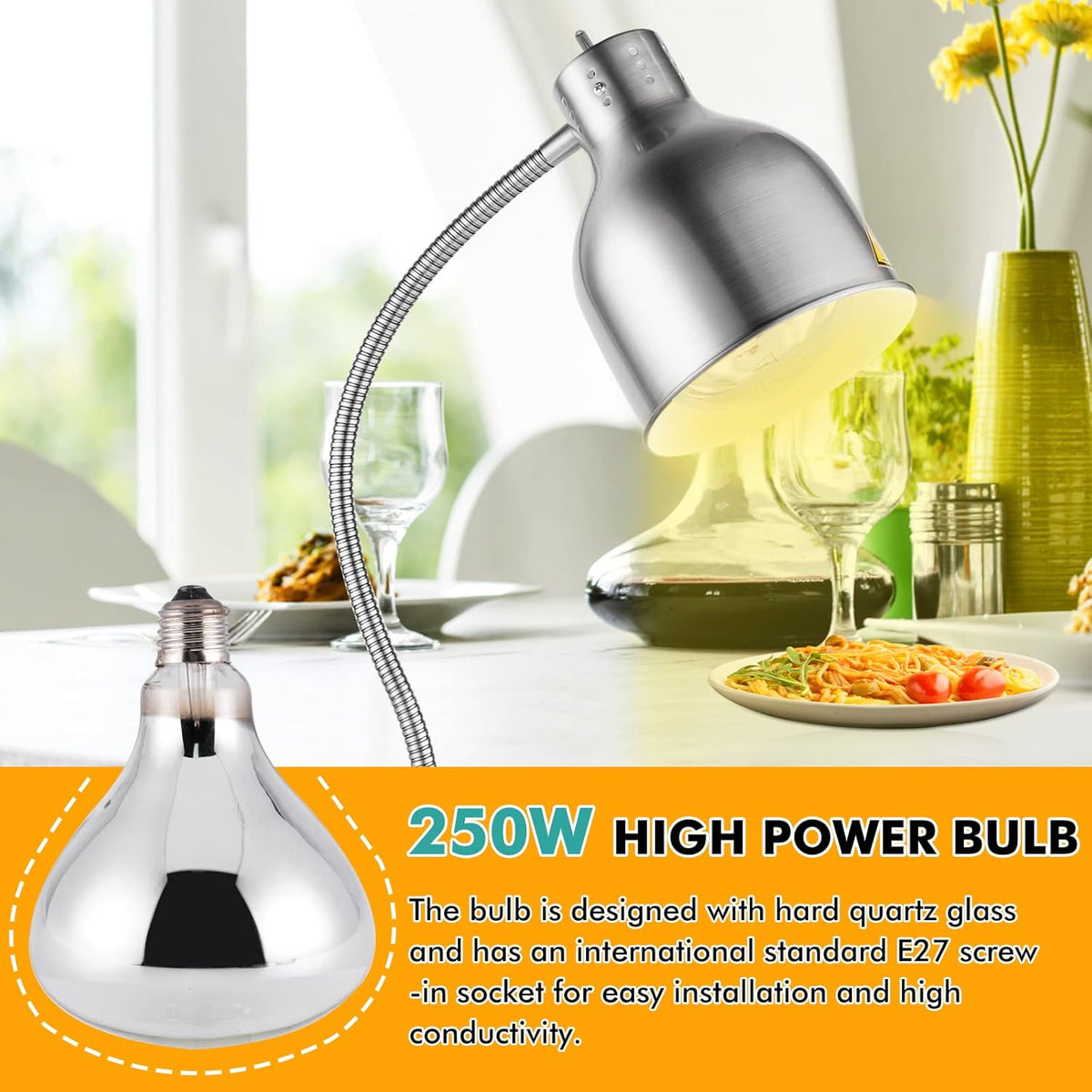 YJINGRUI Vrijstaande warmtelamp voor levensmiddelen, 250 W, zilver, buffet, levensmiddelen, verwarmingslamp met slang, rekbaar tot 70 cm, voor buffet, keuken, restaurant (enkele gloeilamp)