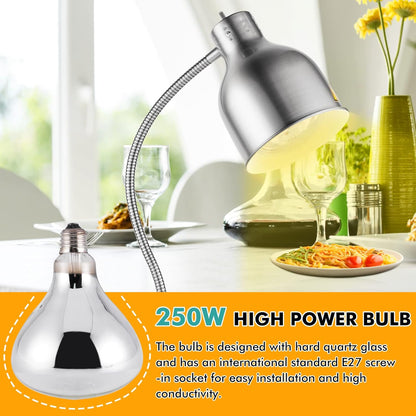 YJINGRUI Vrijstaande warmtelamp voor levensmiddelen, 250 W, zilver, buffet, levensmiddelen, verwarmingslamp met slang, rekbaar tot 70 cm, voor buffet, keuken, restaurant (enkele gloeilamp)