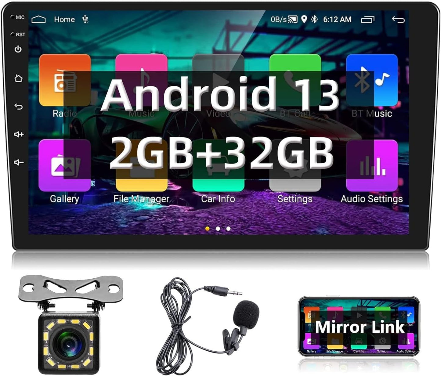 Podofo Android 2 Din autoradio met GPS-navigatie, Bluetooth, 24 bureaubladthema's, 9 inch autoradio met scherm met WiFi, FM/RDS, spiegellink, achteruitrijcamera (2+32G)