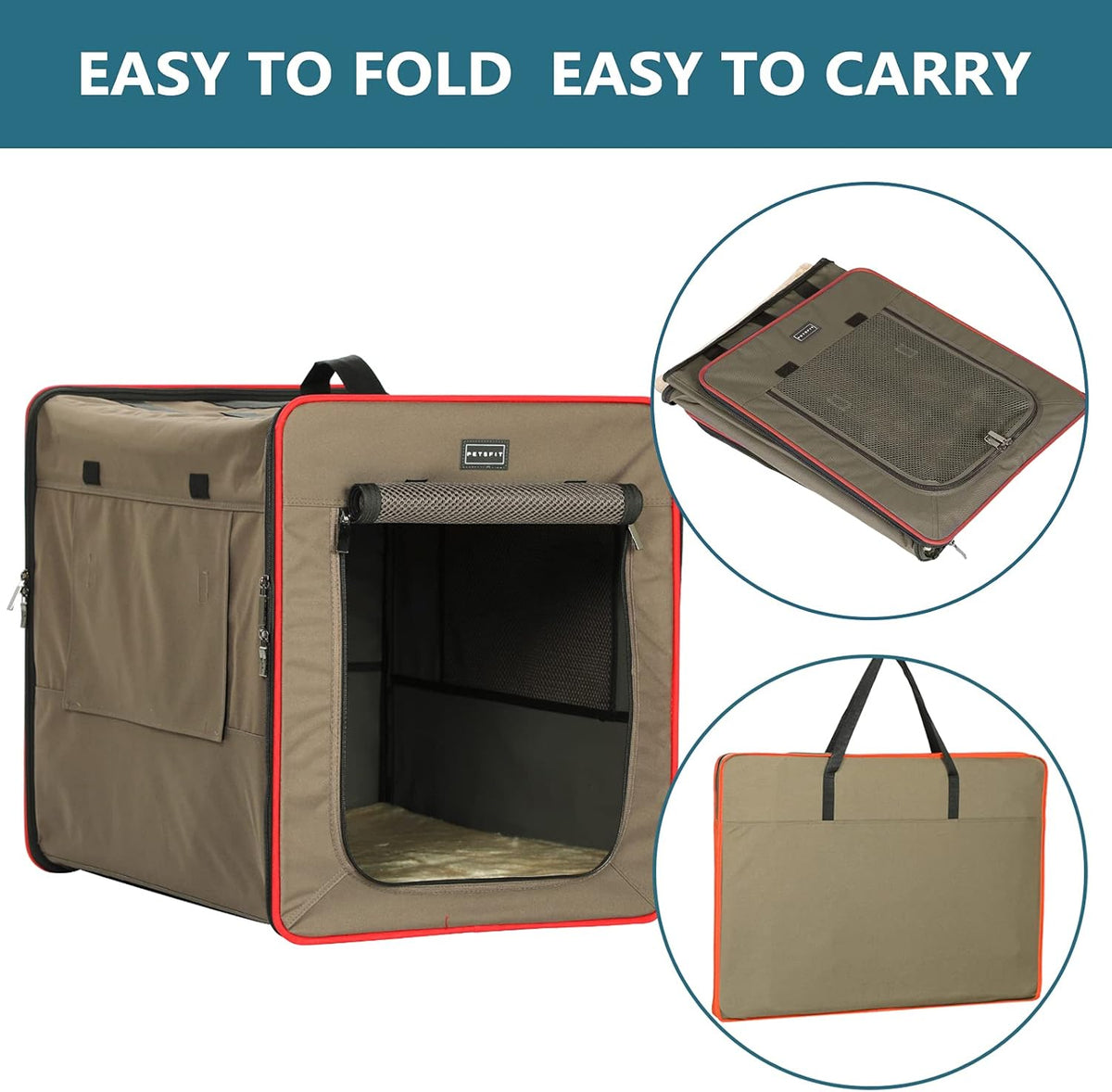 Petsfit Hondenbox, opvouwbaar, met 3 cm dikke pluchen mat, draagbare transportbox voor honden, hondentransportbox voor grote honden, geschikt voor binnen en buiten, bruin, L 79 x 53,5 x 66 cm
