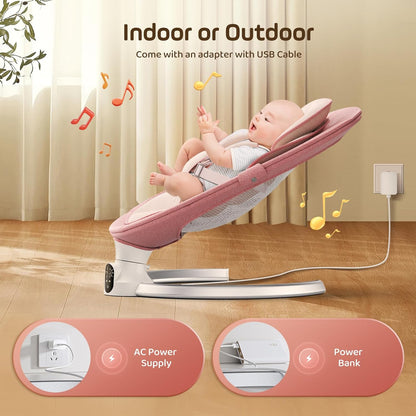 Electric Baby Rocker 0-9 kg Swing with Remote Control and Bluetooth, 5 Swing Widths and 5-Point Safety Belt, Insect Net (Pink) - QUORE