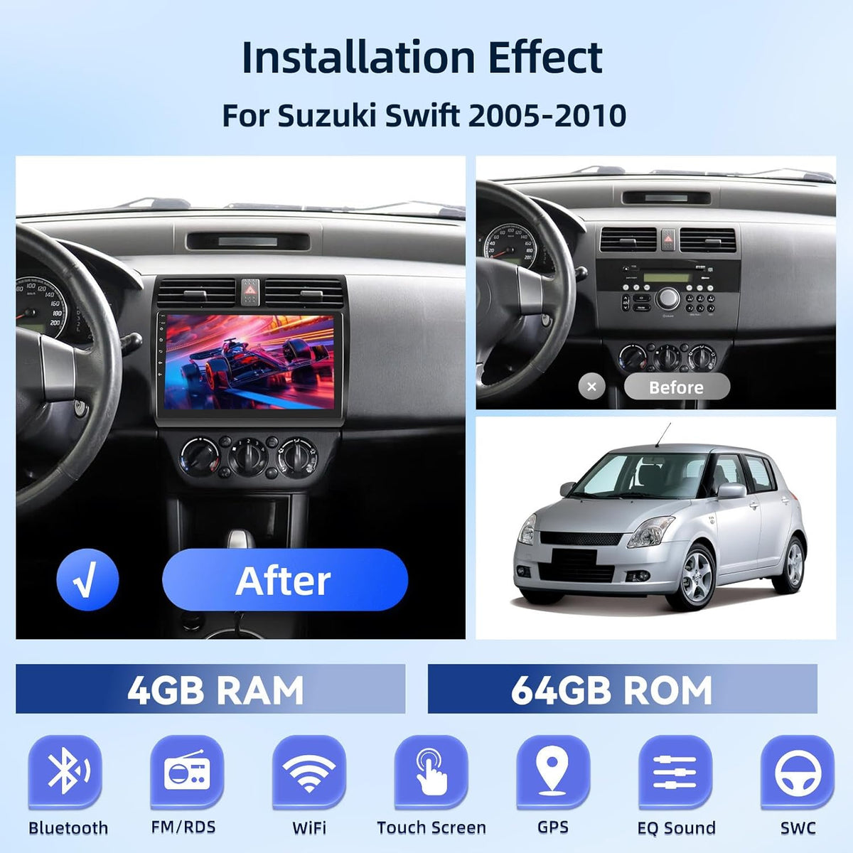 [4G+64G] Android Car Radio for Suzuki Swift 2005-2010 with Wireless Carplay & Android Auto, 10 inch IPS Touch Screen Car Stereo with GPS, WiFi, 32EQ, Bluetooth 5.0, FM/RDS Radio