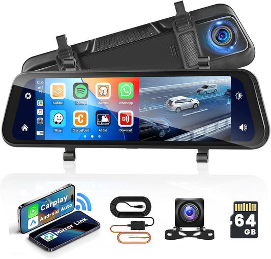 Dashcam autospiegel – Spiegel dashcam – Achteruitkijkspiegel dashcam – Autospiegel camera – Achteruitrijcamera – 9,66 inch IPS-touchscreen – CarPlay en Android Auto