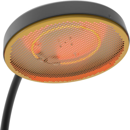 Staande warmtestraler, 2000 W, elektrisch, IP65 weerbestendig, verwarmingsgrill, diameter 44 cm, hoogte 223 cm, elegant zwart-goud design, stabiele voet