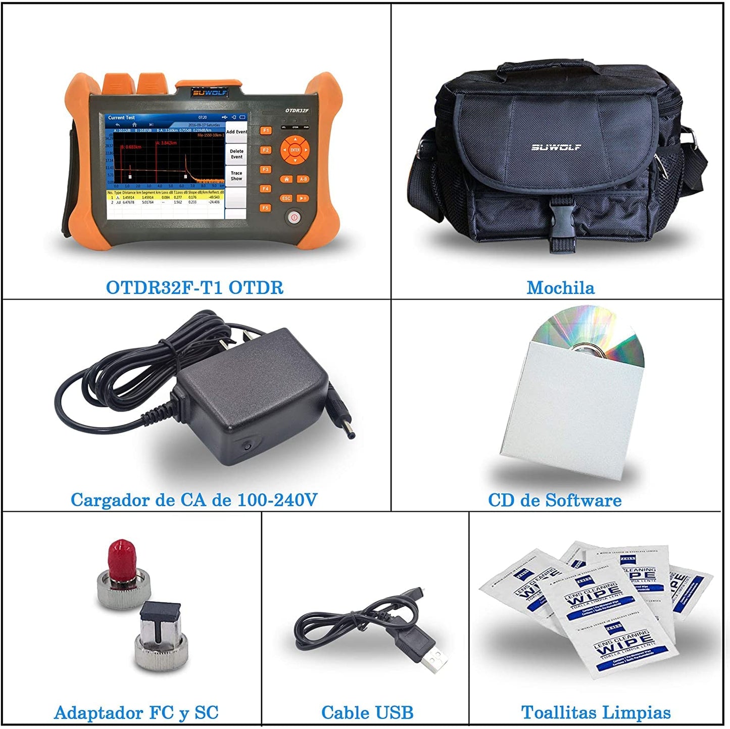 1310/1550nm 32/30dB OTDR 5,6 inch touchscreen reflectometer glasvezel 120 km (74,5 mi) testafstand glasvezel tester met visuele fout locator (VFL) (OTDR32F-T1-B)
